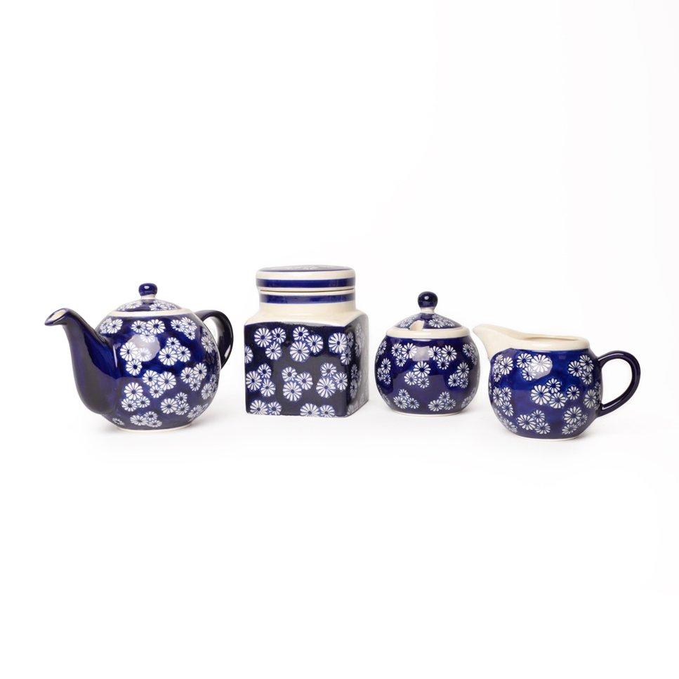 4pc Ceramic Tea Set with Globe(r) 4-Cup Teapot, Sugar Pot, Creamer Jug and Canister - Small Daisies